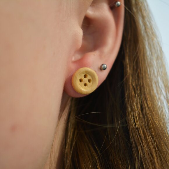 Wood Button Stud Earrings - Picture 4 of 5
